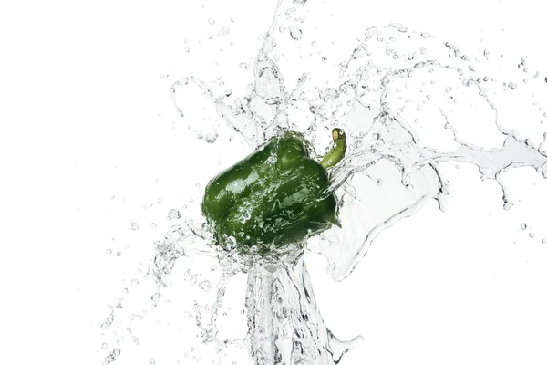 Green Fresh Bell Pepper Clear Water Splash Isolated White — Stock Photo, Image