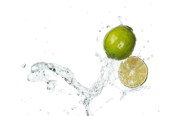 Green Fresh Limes Clear Water Splash Drops Isolated White — Stock Photo, Image
