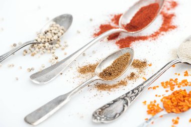 beyaz arka plan üzerinde gümüş kaşık renkli baharatlar yakından görünümü