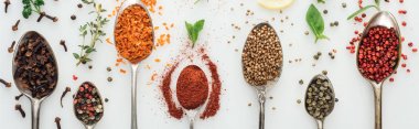 panoramic shot of colorful spices in silver spoons near green leaves on white background clipart
