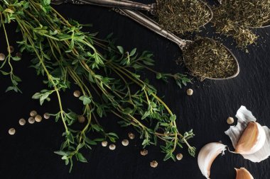 top view of dried thyme in silver spoons near green herb, white pepper and garlic cloves on black background clipart