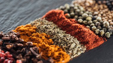 close up view of traditional bright indian spices in row clipart