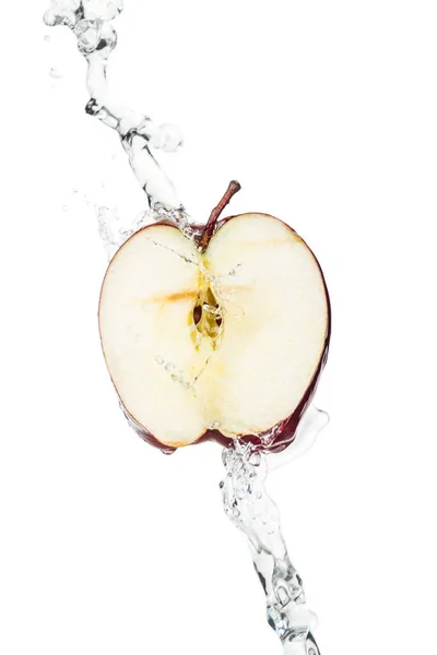 Ripe Apple Half Clear Water Stream Isolated White — Stock Photo, Image