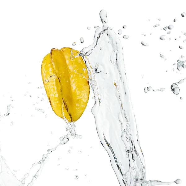 Whole Ripe Exotic Star Fruit Clear Water Splash Drops Isolated — Stock Photo, Image