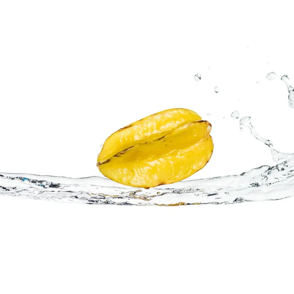 Whole Ripe Exotic Star Fruit Water Stream Isolated White — Stock Photo, Image