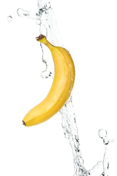 Whole Ripe Yellow Banana Clear Water Stream Isolated White — Stock Photo, Image