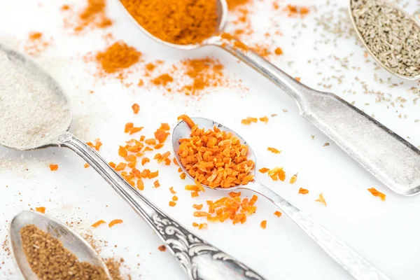 Close View Colorful Spices Shiny Spoons White Background — Stock Photo, Image