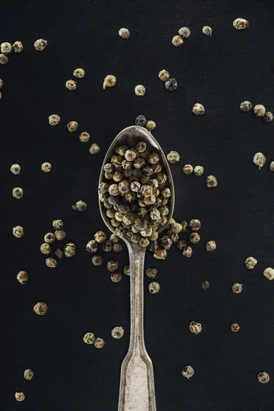 Top View Spice Silver Spoon Black Background — Stock Photo, Image