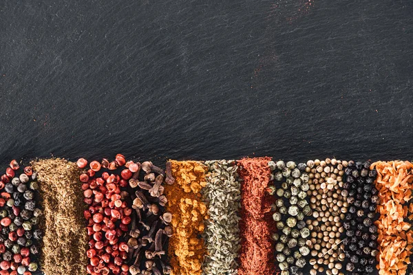 Top View Traditional Bright Indian Spices Textured Black Background Copy — Stock Photo, Image