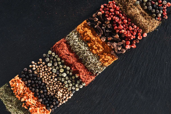 Top View Traditional Bright Indian Spices Dried Fruit Textured Black — Stock Photo, Image