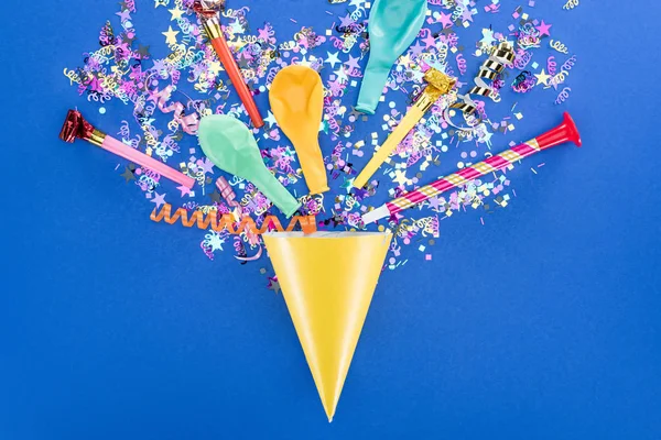 Top View Party Hat Blue Background Surprise Concept — Stock Photo, Image