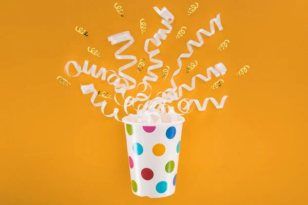 White Golden Ribbons Polka Dot Cup Orange Background — 스톡 사진