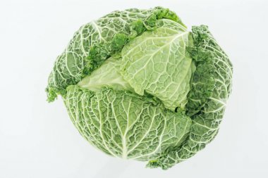 top view of green textured organic whole cabbage isolated on white clipart