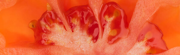 close up view of red fresh tomato half with seeds, panoramic shot