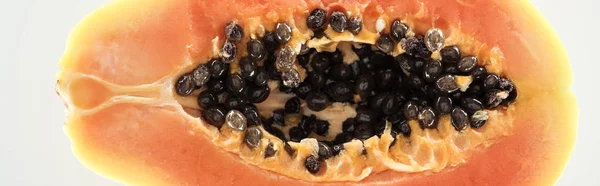 Panoramic Shot Ripe Papaya Half Black Seeds Isolated White — Stock Photo, Image