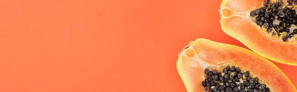 オレンジ色に隔離された黒い種子を持つ熟した明るいパパイヤ半分のパノラマショット — ストック写真