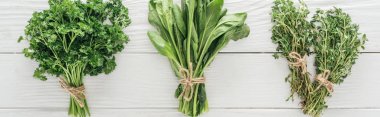 beyaz ahşap masaüzerinde yeşil maydanoz, fesleğen ve kekik üst görünümü, panoramik çekim