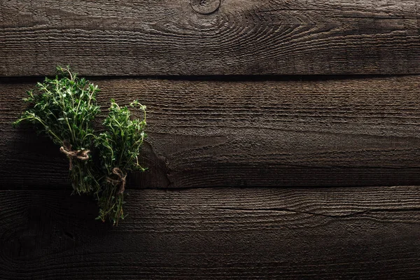 Top View Green Thyme Wooden Weathered Table Copy Space — Stock Photo, Image