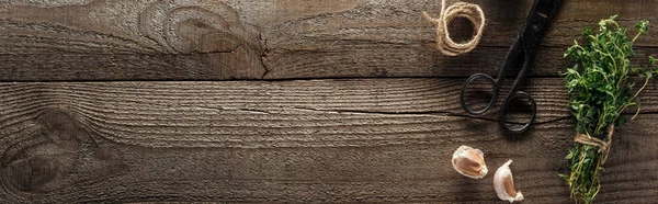 yeşil kekik yakın vintage makas panoramik çekim, ahşap kahverengi masada sarımsak karanfil