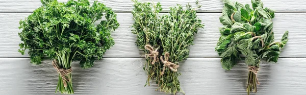 Panoramic Shot Green Thyme Mint Parsley White Wooden Table — Stock Photo, Image