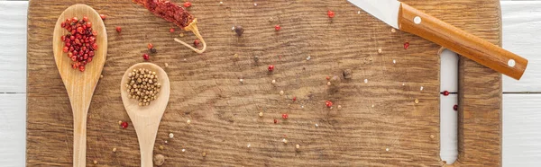 Панорамний Знімок Ножа Ложок Розкиданого Коріандру Рожевого Перцю Сушений Перець — стокове фото