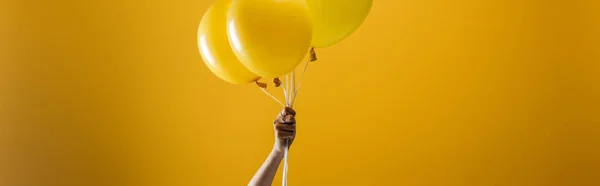 Cropped View Woman Holding Festive Bright Minimalistic Decorative Balloons Yellow — Stock Photo, Image