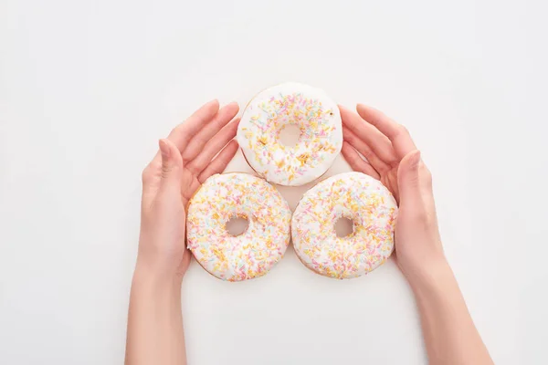 Partial View Woman Holding Glazed White Doughnuts Sprinkles White Background — Stock Photo, Image