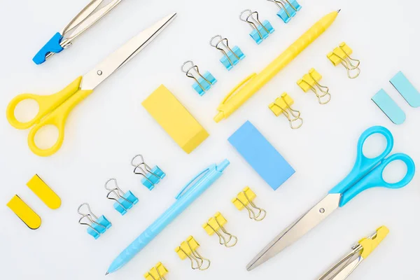 Flat Lay Yellow Blue Erasers Pens Scissors Compasses Paper Clips — Stock Photo, Image