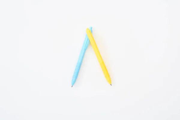 Top View Yellow Blue Pencils Isolated White — Stock Photo, Image