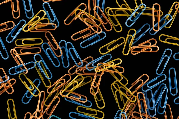 Bovenaanzicht Van Kleine Gele Oranje Blauwe Paperclips Geïsoleerd Zwart — Stockfoto