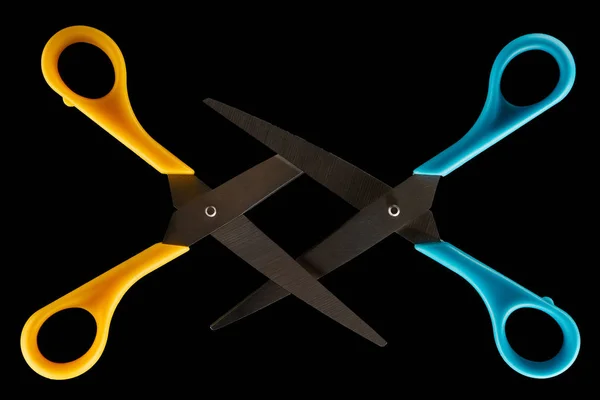 Top View Blue Yellow Crossed Scissors Isolated Black — Stock Photo, Image