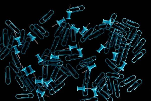Top View Two Kinds Scattered Blue Paper Clips Isolated Black — Stock Photo, Image