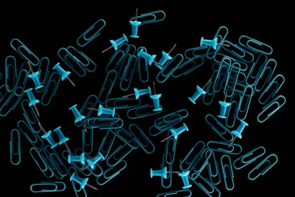 Bovenaanzicht Twee Soorten Verspreide Blauwe Paperclips Geïsoleerd Zwart — Stockfoto