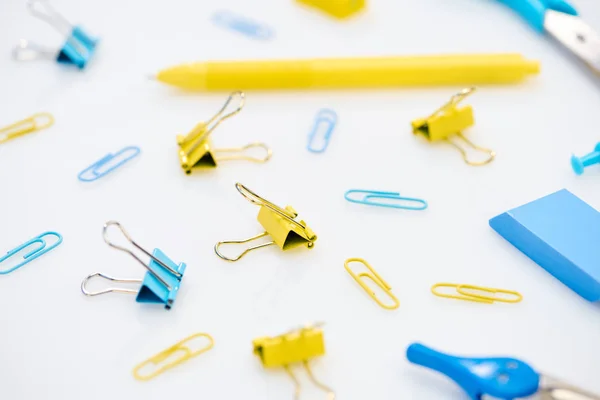 Selective Focus Colourful Paper Clips Other Stationery White Background Stock Photo
