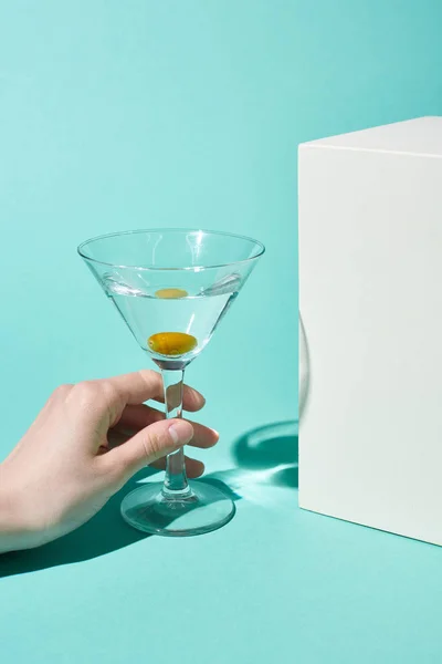 Cropped View Woman Holding Transparent Glass Cocktail Olive White Cube — Stock Photo, Image