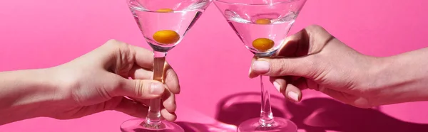 Panoramic Shot Women Holding Glasses Cocktails Pink Background — Stock Photo, Image