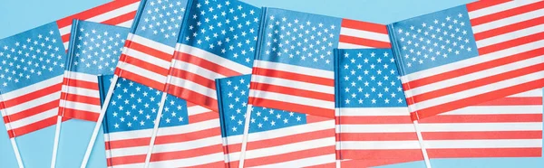 Panoramic Shot National Usa Flags Sticks Pile Blue Background — Stock Photo, Image