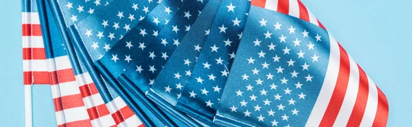 Close View National American Flags Blue Background Panoramic Shot — Stock Photo, Image