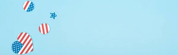 Панорамний Знімок Серця Зірки Кола Зірок Смуг Синьому Фоні Копіювальним — стокове фото