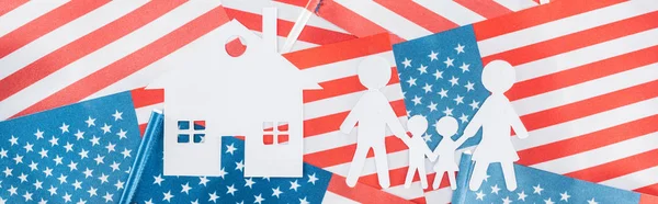 Panoráma Szemcsésedik Ból Fehér Papír Vág Ház Család Amerikai Zászlók — Stock Fotó