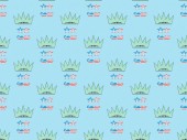 seamless background pattern with mustache and glasses made of us national flags and crowns on blue, Independence Day concept