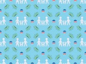 seamless background pattern with white paper cut families, circles made of american flags and crowns on blue, Independence Day concept