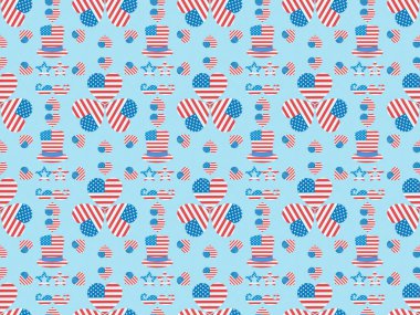 seamless background pattern with mustache, glasses, hats and hearts made of usa flags on blue  clipart