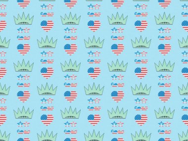 seamless background pattern with hearts, mustache and glasses made of us national flags and crowns on blue, Independence Day concept clipart