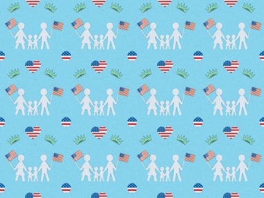 seamless background pattern with hearts made of us flags, white paper cut families and crowns on blue, Independence Day concept clipart