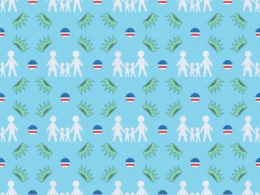 beyaz kağıt kesim aileler, mavi amerikan bayrakları ve taçlar yapılmış daireler ile sorunsuz arka plan desen, Bağımsızlık Günü kavramı
