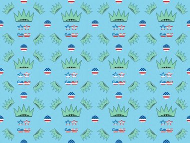 seamless background pattern with mustache and glasses made of us flags and crowns on blue, Independence Day concept clipart