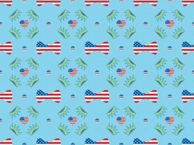 seamless background pattern with bow ties, hearts and circles made of us flags and crowns on blue, Independence Day concept clipart
