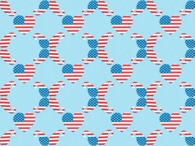 kağıt kesim dekoratif bıyık ve mavi Amerikan ulusal bayrakları yapılmış kalpler ile sorunsuz arka plan deseni 