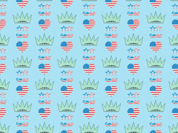 seamless background pattern with hearts, mustache and glasses made of us national flags and crowns on blue, Independence Day concept